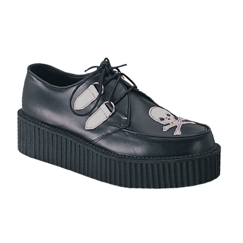 *CREEPER-429, 2" P/F Blk LeatherSkull Creeper Shoe