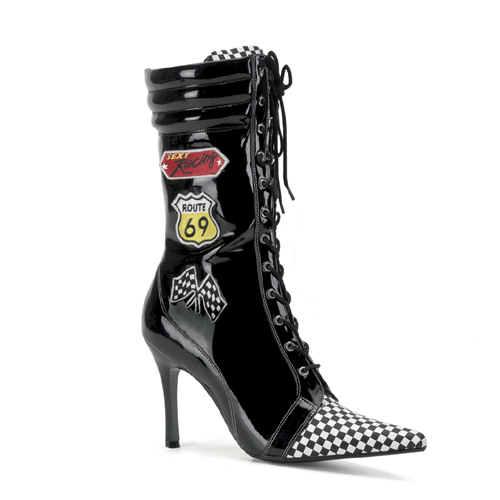 CHAMP-105, 3 3/4" Heel Blk Pat/Checkered Racer Calf Boot