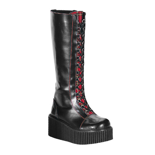 *CREEPER-307(FRICTION307), 3" P/F Blk Pu RedPlaid Knee Boots