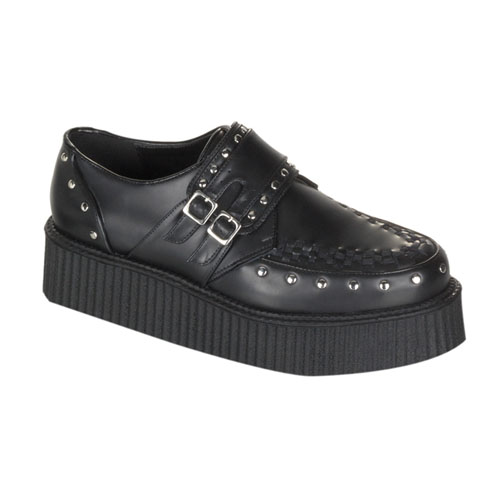 *CREEPER-410,2" P/F Blk Le Studded Buckle Strap Creeper Shoe
