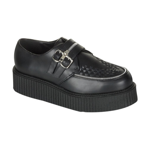 *CREEPER-412,2" P/F 2 Buckle Blk LeZipper Strap Creeper Shoe