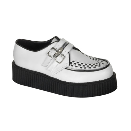 *CREEPER-412, 2" P/F Wht 2 Buckle Zipper Strap Creeper Shoe