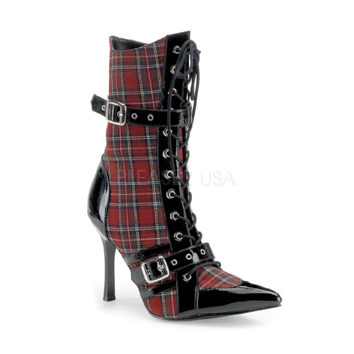 Click Here to View DARING-1022, Red Plaid/Blk Pat Buckled Calf Boot, 3 3/4