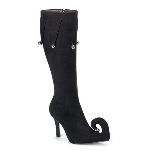 **FROLIC-125, Blk Microfiber Elf Boot W/Jingle Bells, 3 3/4"