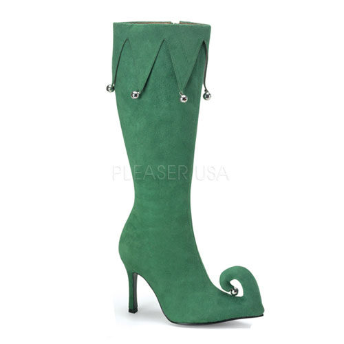 **FROLIC-125, Grn Microfiber Elf Boot W/Jingle Bells, 3 3/4"