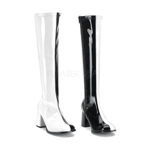 **GROOVY-300, 2 Tone Blk-Wht Str Pat Retro Knee Boot, 3"