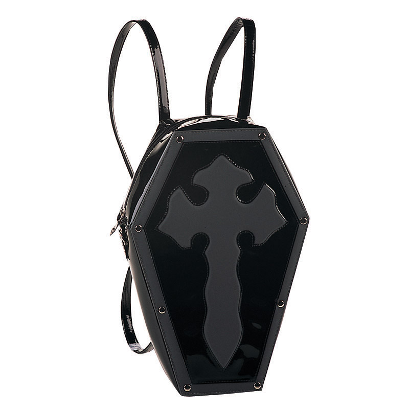 HB-014-1, BLK PAT COFFIN BACKPACK W/CROSS