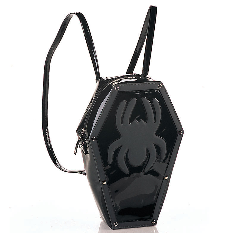 HB-014-3, BLK PAT COFFIN BACKPACK W/SPIDER