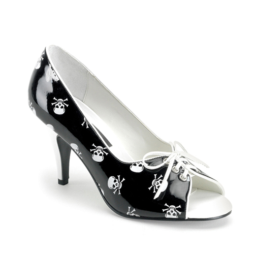 Click Here to View PUPIL-24, Blk/Wht Skulls Open Toe Pump, 3