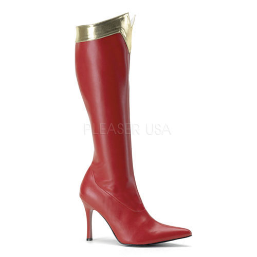 Click Here to View WONDER-130, Red/Gold Str Pu Sexy Super Hero Boot, 3 3/4