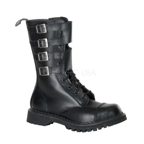 ATTACK-10, 10 Eyelette Blk Leather S/T Calf Boot w/4 Buckles