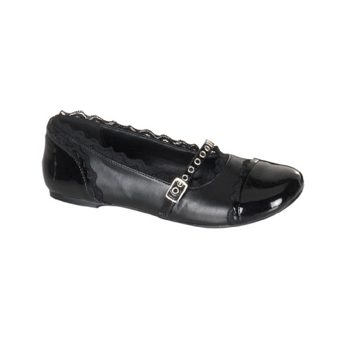Click Here to View DAISY-17, Lace Trim Upper W/Eyelet Strap M/J Blk PuFlat