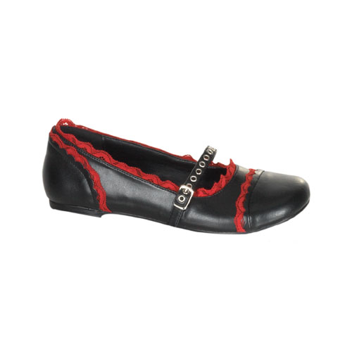 Click Here to View DAISY-17, Lace Trim Upper W/Eyelet Strap M/J Blk/Red Pu Flat