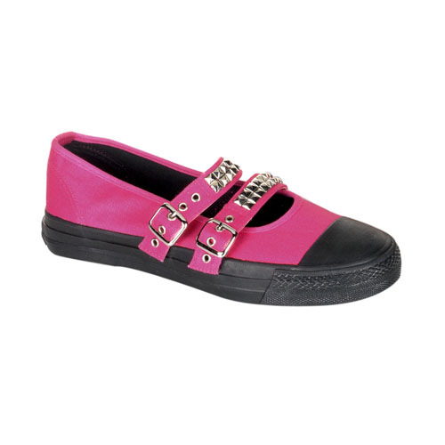 Click Here to View TROUBLE-04, Studded double strap MaryJane Blk Canvas Sneaker