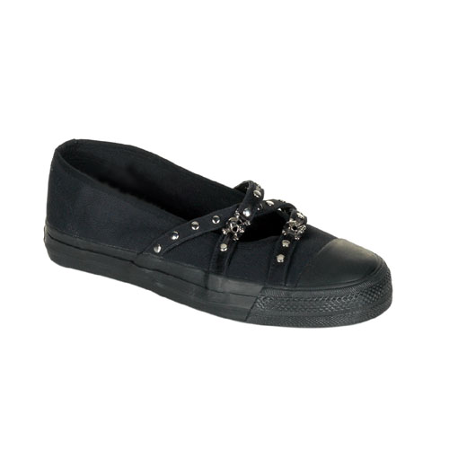 Click Here to View TROUBLE-10, Skull/Stud Maryjane Blk Canvas Sneaker