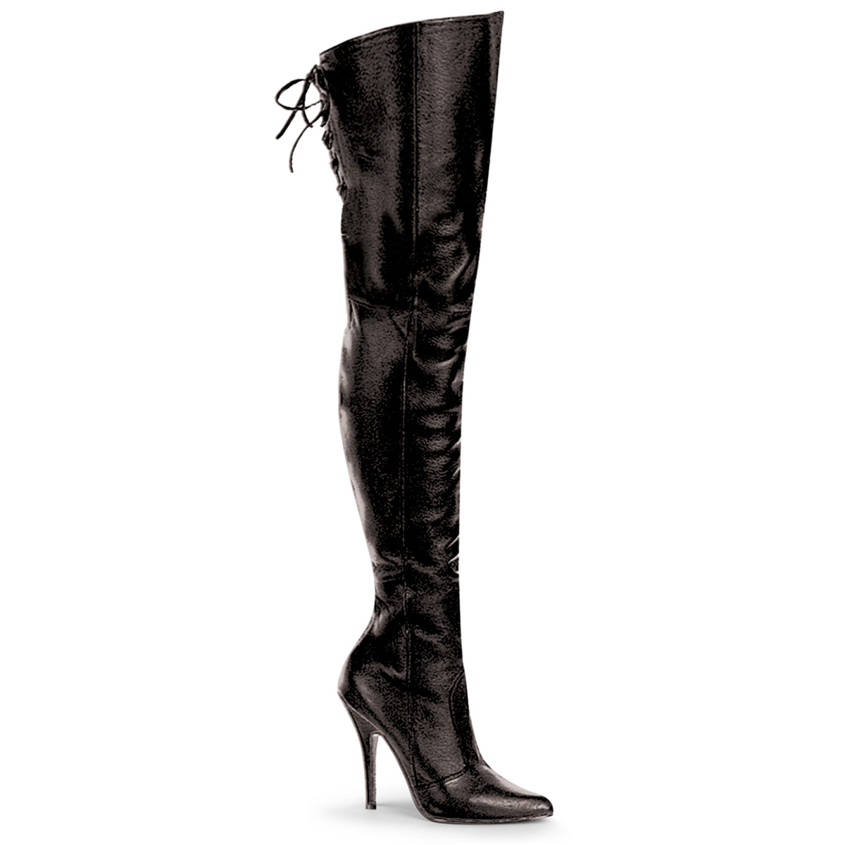 Pleaser LEGEND-8899 Single Soles Black Faux Leather Rear Lacing Thigh High Boots